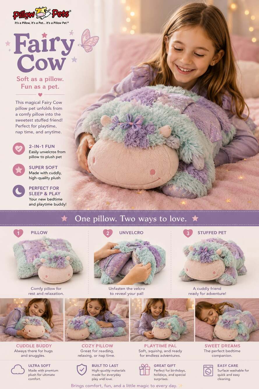 Pillow Pets Fairy Cow 18” Plush Pillow 2-in-1 Stuffed Animal Purple Pastel